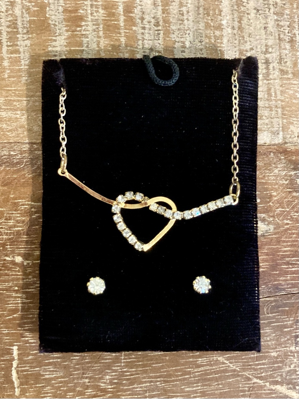 Vintage Hing Kong Gold Tone Heart Necklace & Earring Set Clear Stones